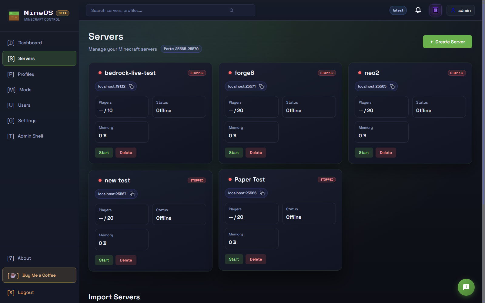 Server list with status indicators