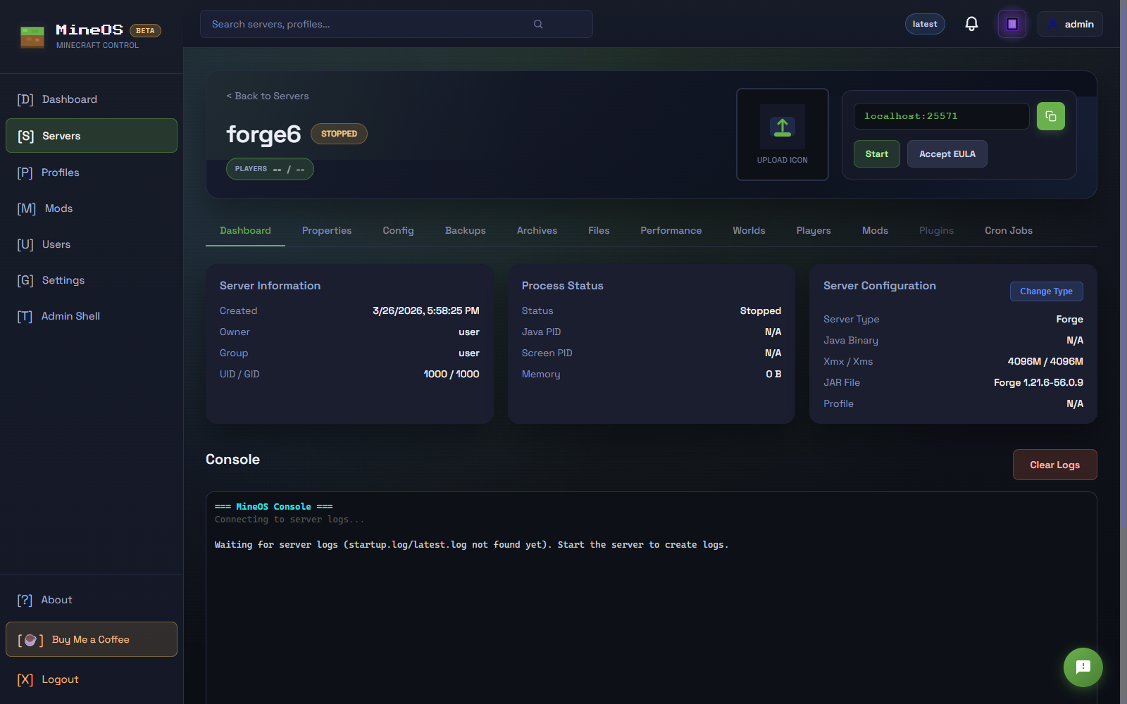 Server dashboard showing status, configuration, and live console