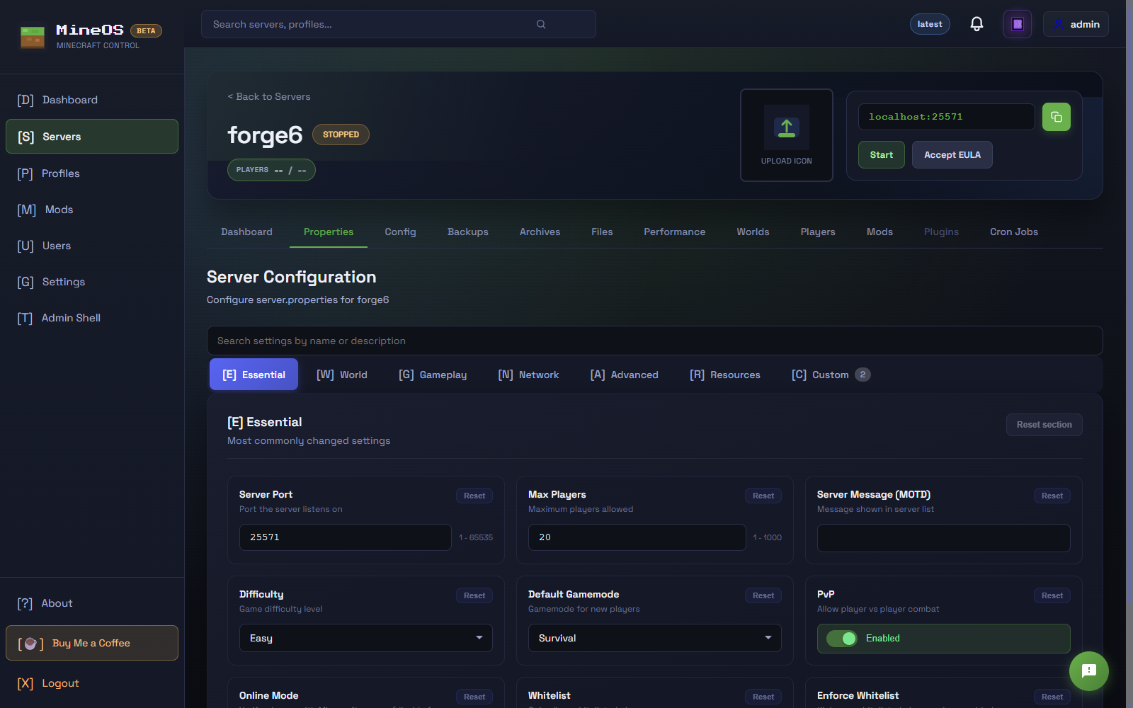 Server properties editor with difficulty, gamemode, MOTD, PvP