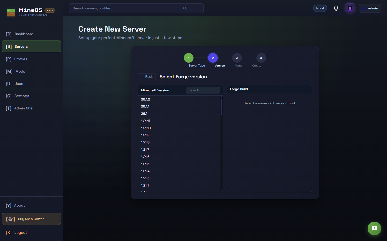 Server creation wizard, version picker