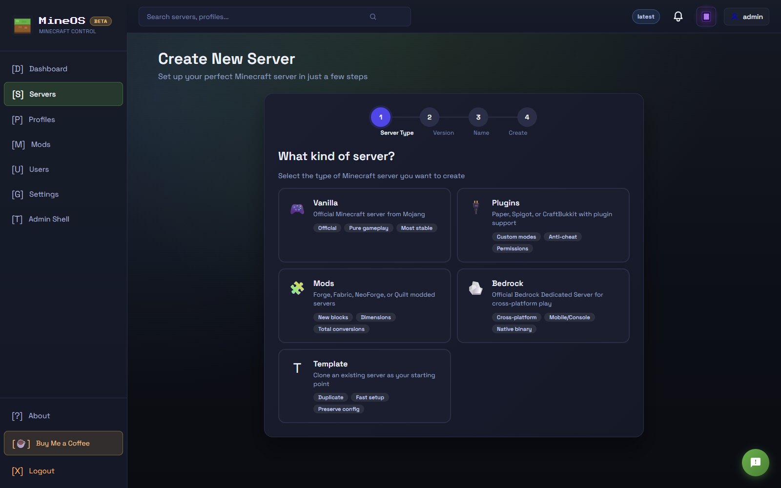Server type picker — Vanilla, Plugins, Mods, Bedrock, Template